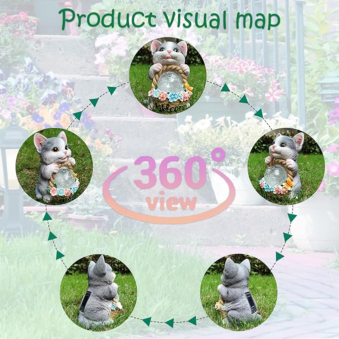 Solar Cat Garden Outdoor Statues,Resin Cat Figurine Carrying Flower Basket and Magic Orb with Solar LED Lights, Lawn Decor Outdoor Statue for Patio, Balcony, Yard Ornament,Gifts for Mom