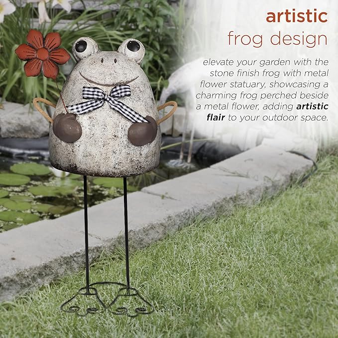 Alpine Corporation MCC860 Indoor/Outdoor Frog with Flower Garden Statue, Stone Finish Frog Statue for Yard, 24" H, Silver
