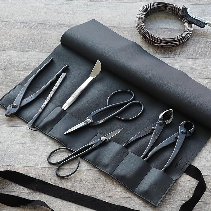 Wazakura Made in Japan Bonsai Tool Case in Polyurethane Leather, Japanese Garden Tool Kit Roll Storage Bag - Black PU Leather