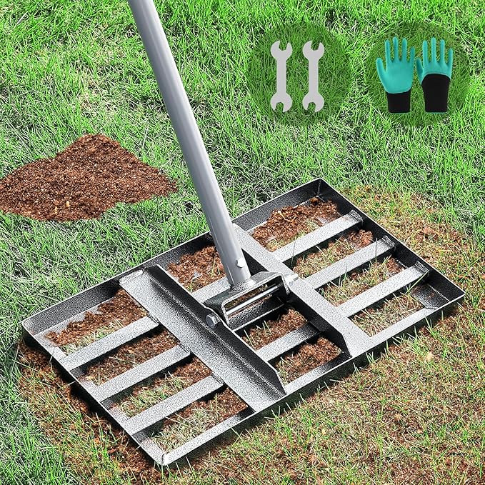 Lawn Leveling Rake, Lawn Leveler with Stainless Steel Long Handle, Heavy Duty Yard Level Tool for Leveling Soil, Sand Or Dirt Surfaces, Gardening Gloves Gift Included (17x10in)