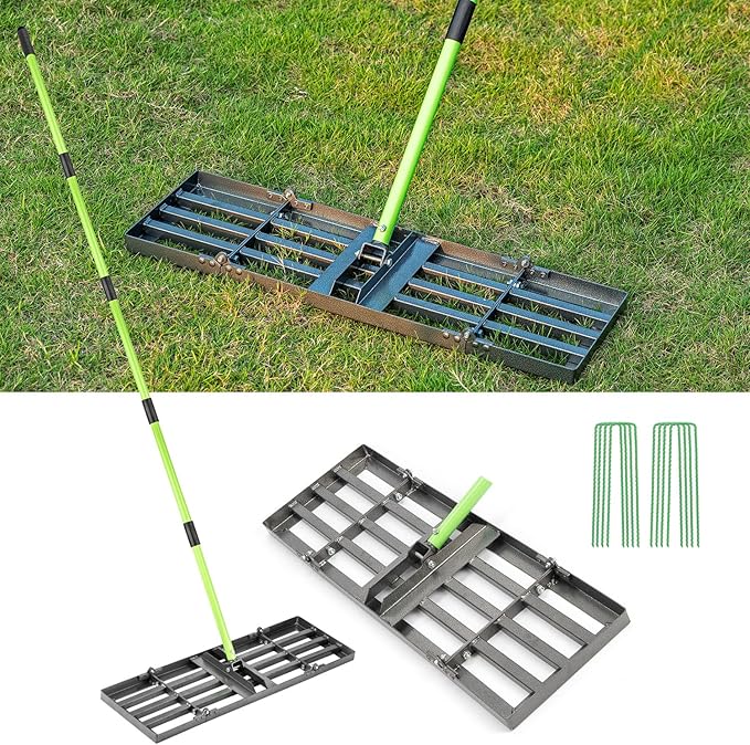 Lawn Leveling Rake 30x10 inch,Stainless Steel Lawn Leveler with Green Positioning Stakes,6.3FT Adjustable Long Handle,Heavy Duty Level Lawn Tool for Backyard, Garden, Golf Course, Farm, Pasture