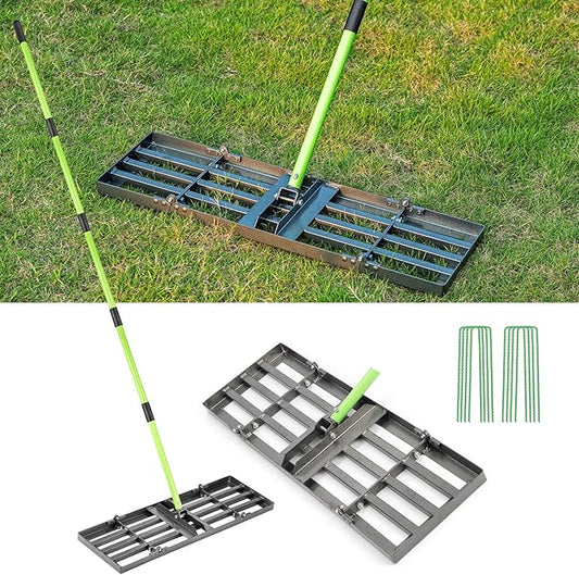 Lawn Leveling Rake 30x10 inch,Stainless Steel Lawn Leveler with Green Positioning Stakes,6.3FT Adjustable Long Handle,Heavy Duty Level Lawn Tool for Backyard, Garden, Golf Course, Farm, Pasture