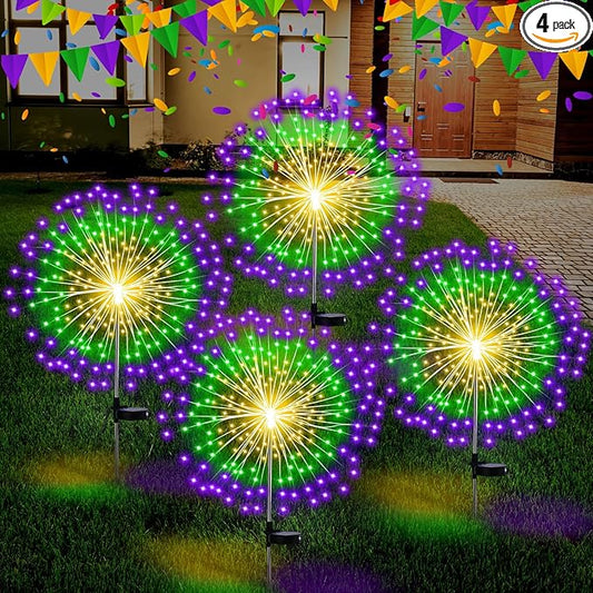4th of July Decorations Outdoor 4 Pack Solar Power Yard Firework Lights Patriotic Garden Waterproof Solar Lights with 180 LED 8 Modes for Independence Day Party Decoration(Green, Yellow, Purple)