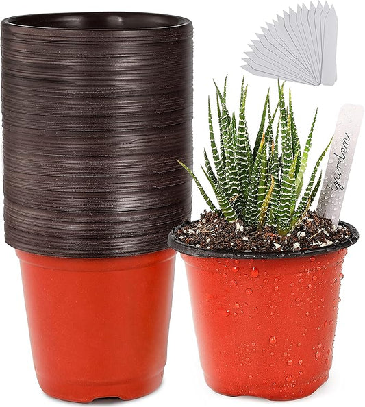 TDHDIKE Plastic Planter Nursery Pots 4" Small (50pcs Pots and 50pcs Labels) Seedlings Flower Pots Container Seed Starting Pots for Plants