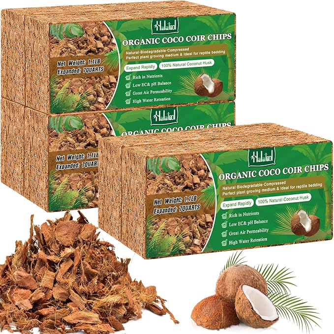 Halatool 6 Pcs Coconut Coir Chips for Plants - 6.6 LB 100% Organic Coco Husk Chip Bricks with Low EC and pH Balanced, Compressed Coco Substrate Growing Mulch Medium for Garden Herbs, Plants, Flowers