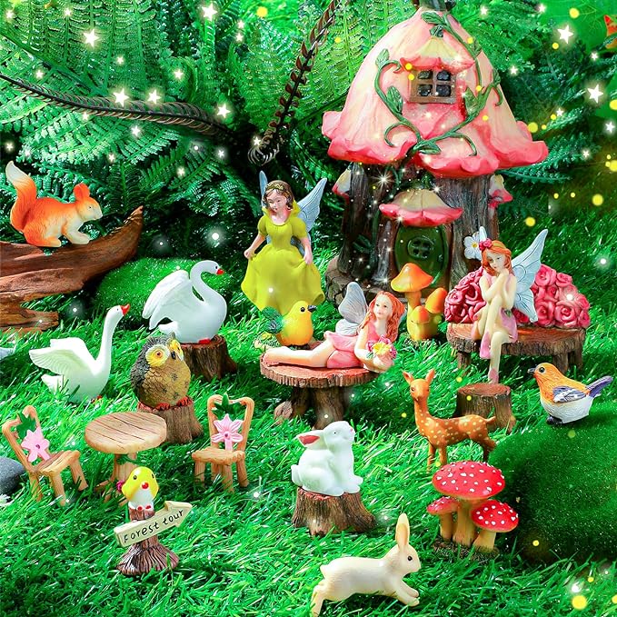 Soaoo Fairy House Garden Figurines Kit Spring Garden Decor Easter Basket Decoration Spring Decoration Outdoor Wildflower Butterfly Fairy Mushroom Party Supplies Micro Landscape Ornaments