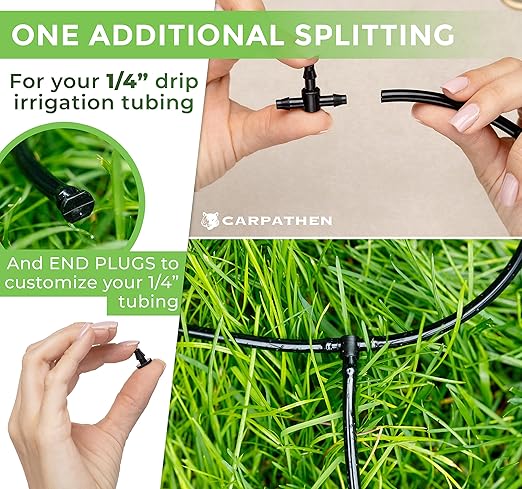 CARPATHEN Drip Irrigation Fittings Kit - 5/16” to 1/4” Connectors - (15-Pack) - 5 x Barbed Tee Connector for 5/16 to 1/4 Irrigation Tubing - 5 x Tee Splitter for 1/4 tubing - 5 x 1/4 End Plugs