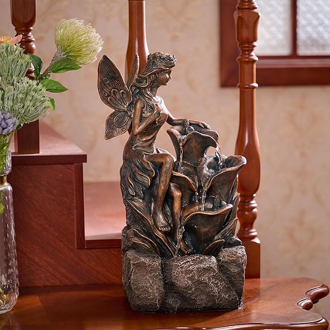 TERESA'S COLLECTIONS Water Fountain Outdoor Fairy Garden Statues with LED Lights and Pump, Large Floor Waterfall Backyard Water Fountains Porch Living Room Home Decor, Housewarming Gifts for Mom 19.3"