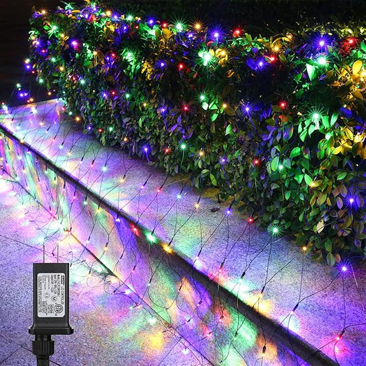 LYHOPE 12ft x 5ft 360 LED Christmas Net Lights, 8 Modes Low Voltage Green Wire Mesh Christmas Decorations Lights for Xmas Trees, Bushes, Wedding, Garden, Outdoor, Indoor Decor (Multicolor)