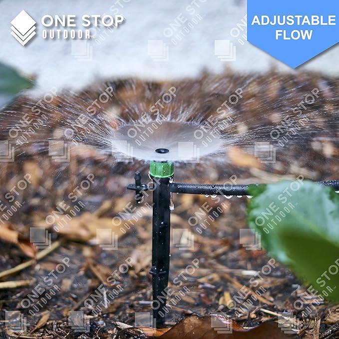 (100-PACK) - 1/4" Inch 360 Degree Drip Emitter On 5" Stake Sprayer Adjustable Flow 0-20 GPH, Fits 1/4 (4-6mm) Irrigation Tubing - Micro Bubbler Drippers for Drip Irrigation (100 Pack Dripper on Stake)
