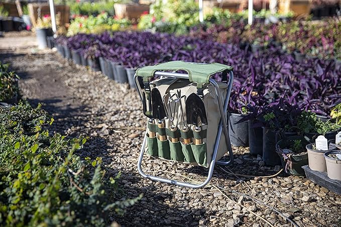 Picnic TIME Star Wars Mandalorian Grogu Gardener 5 Piece Gardening Tools Set with Garden Stool, Gardening Gifts, Garden Tool Set, (Olive Green with Beige Accents)