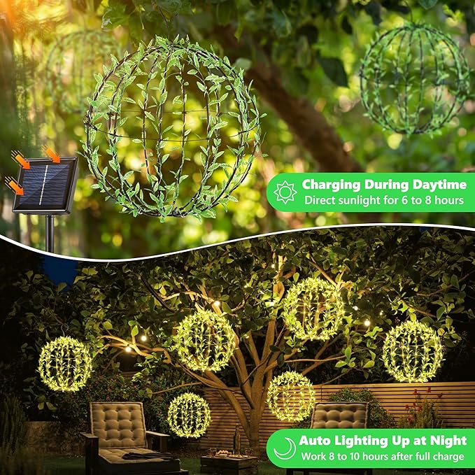 Joomer Solar Hanging Lights Outdoor, 2 Pack 12in 120 LED Solar Globe Lights, 8 Modes Waterproof Foldable Metal Sphere Light with Hook for Garden Yard Porch Decor-Warm White (Ball with Green Leaf)