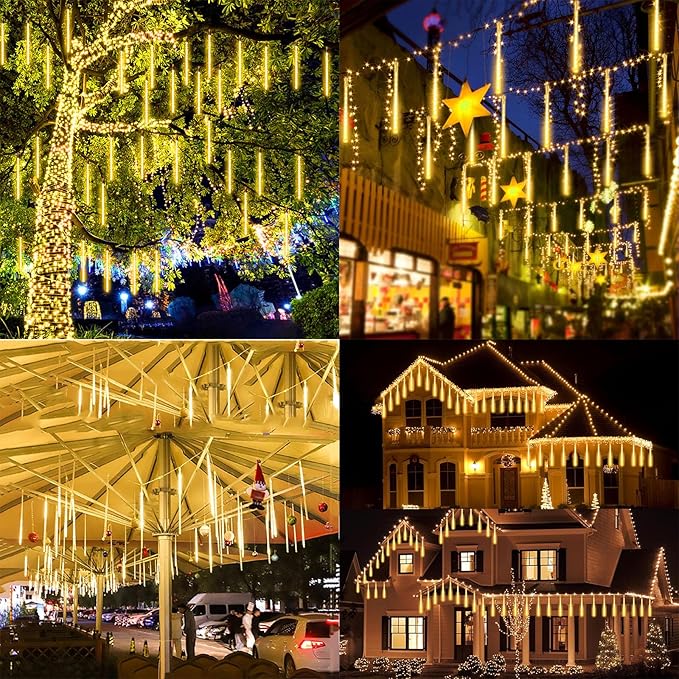 YIQU 2-Pack Extendable Meteor Shower Christmas Lights - 16 Tubes, 384 Led Icicle Lights Perfect for Outdoor, Patio Decorations (Warm White)