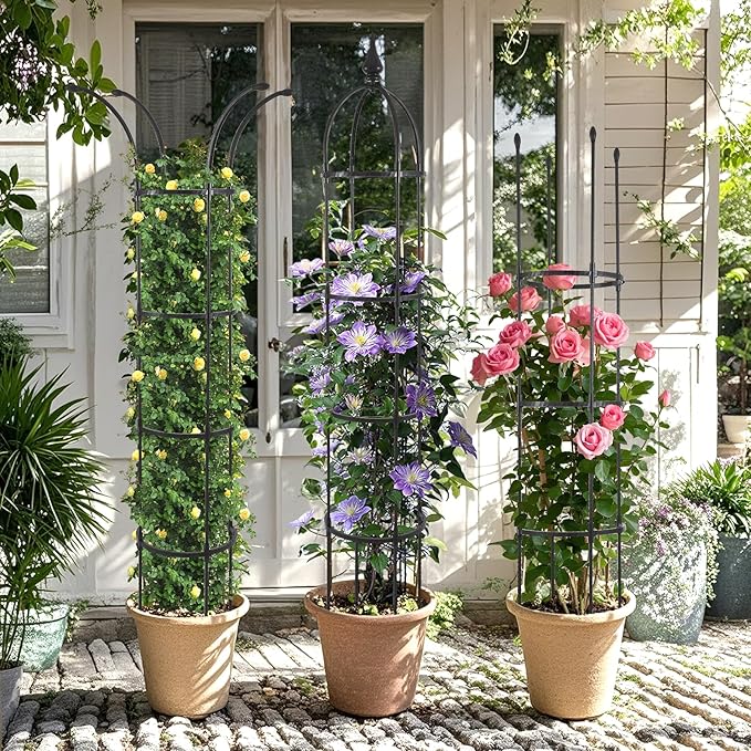 Garden Obelisk Trellis for Climbing Plants Outdoor, 6.6ft Tall Rustproof Coated Metal Plant Support with Garden Twist Tie (1 PK)