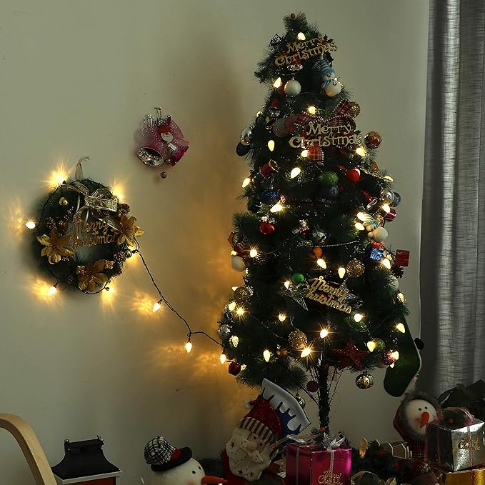 DEWENWILS C7 Warm White Christmas Lights, 33.3ft 50 LED String Lights Waterproof, Indoor/Outdoor Decorations for Xmas Tree, Patio, Garden, Yard, Porch, Green Wire, UL Listed