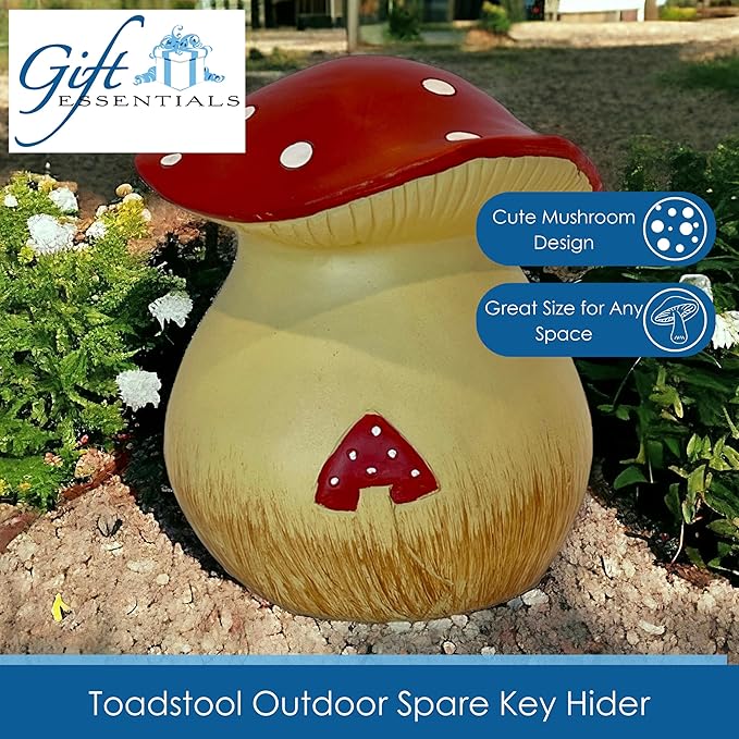 Toadstool Decorative Garden Statue and Key Hider - Hides a Secret Extra Hidden Key Outside in Garden, Yard or Porch