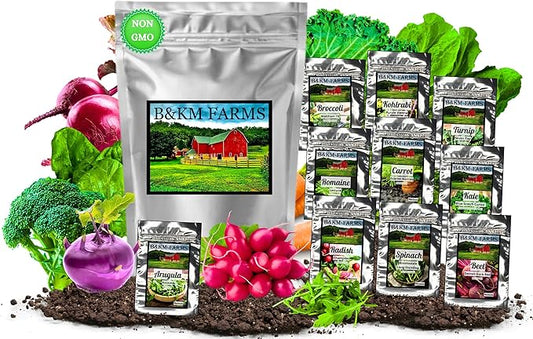 10 Pack Vegetable Seed Collection (Heirloom, Non-GMO, 10,000 Seeds) B&KM Farms.