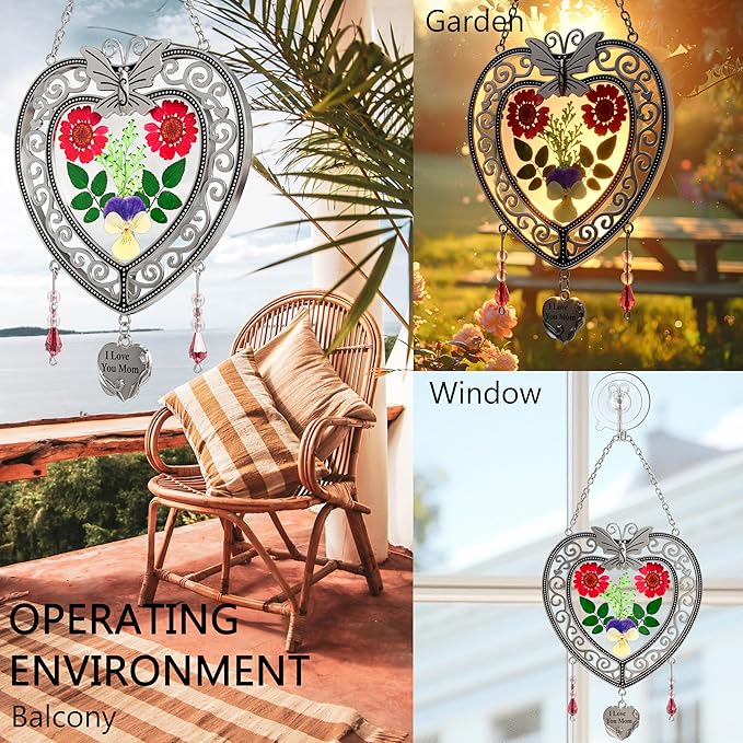 KY&BOSAM Heart Suncatcher-Stained Glass Panles I Love You Mom Sun catchers Hangings for Windows Wind Chime Ornament Mom Gifts - Gifts for Mother`s Day Valentine`s Day Birthday Christmas