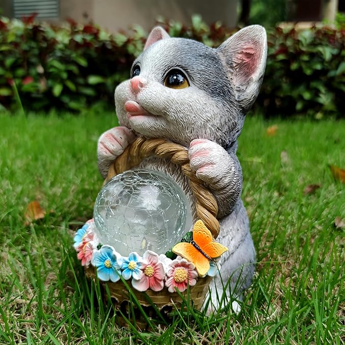 Solar Cat Garden Outdoor Statues,Resin Cat Figurine Carrying Flower Basket and Magic Orb with Solar LED Lights, Lawn Decor Outdoor Statue for Patio, Balcony, Yard Ornament,Gifts for Mom