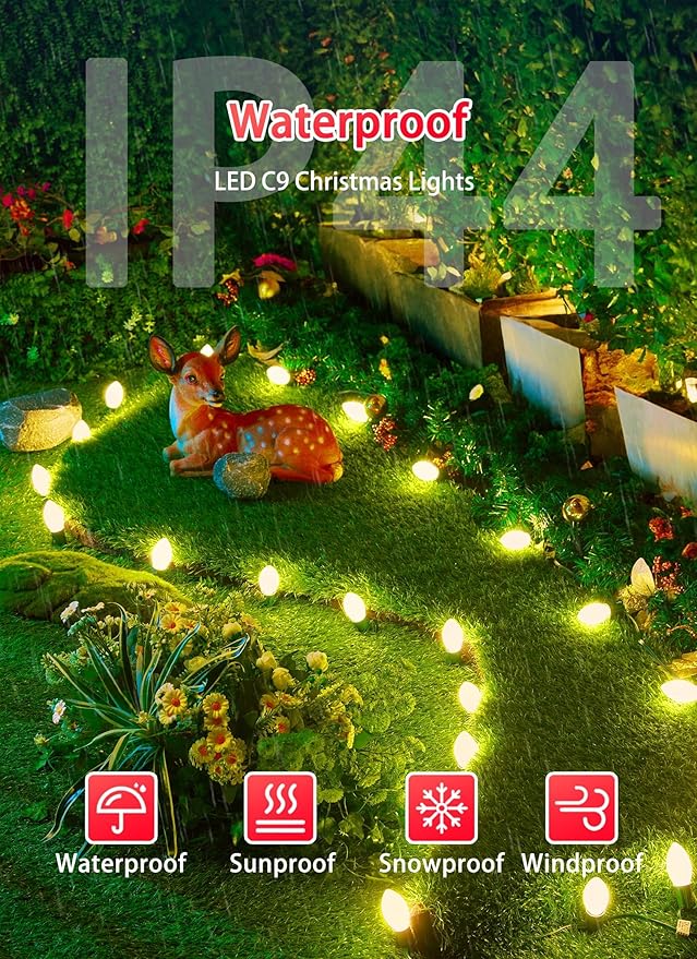 C9 LED Christmas Lights Outdoor, 100 Feet C9 String Lights with 100 Shatterproof Matte Bulbs, Connectable Waterproof Christmas Tree Lights for Holiday Roofline Backyard Garden Decor, Warm White