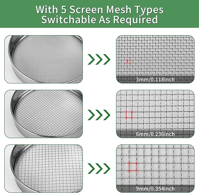 LABALPHA Soil Sifter for Gardening Set, Stainless Sifting Pan Soil Sand Sieve with 4pcs Garden Shovels, 9.84" Sifting Pan Contain 3 Sieve Mesh (0.118", 0.236",0.354")