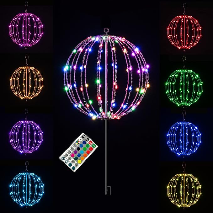 Christmas Ball Sphere, 12IN 96LED Hanging Tree and Pathway Lights With Hook and Stake, Foldable Metal Frame Ball for Outdoor Garden, UL Listed, Brown Frame, RGB
