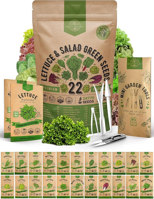 22 Lettuce & Salad Greens Seeds Variety Pack 24,700+ Non-GMO Heirloom Lettuce Seeds for Indoors & Outdoors Garden, Hydroponics, Aerogarden - Arugula, Kale, Spinach, Swiss Chard, Lettuce