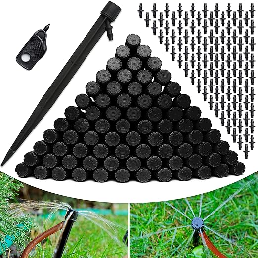 CARPATHEN Drip Irrigation Emitters Sprayer - 100 Black Drip Emitters for Irrigation Kit - ¼ Irrigation Tubing Compatible - 360 deg Adjustable Drippers for Drip Irrigation - Fit for Raised Garden Bed