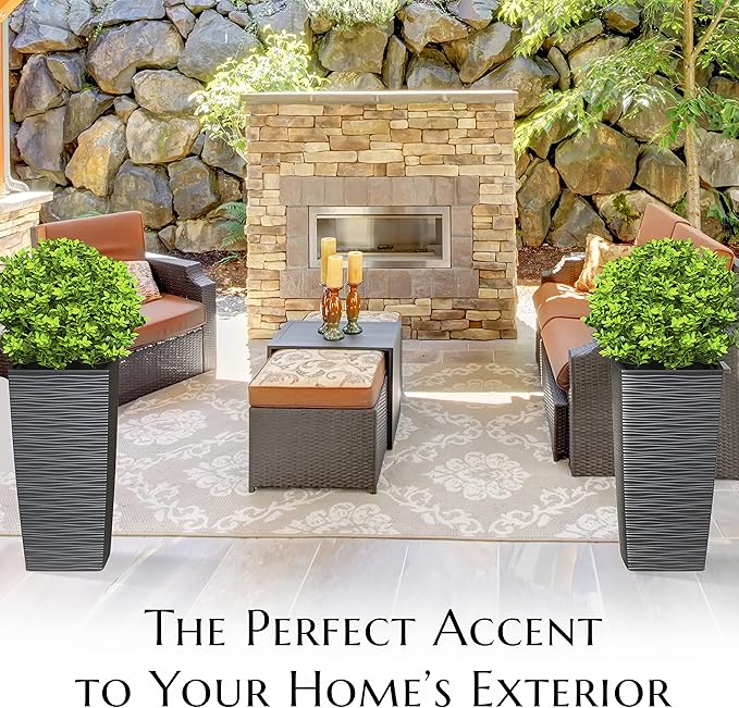 Mueller M-Resin Heavy Duty Tall Planter, Indoor/Outdoor Grande Plant, Tree, Flower Pot, 2-Piece Set, 27.5”, Modern Design, Built-in Drainage, Dark Grey