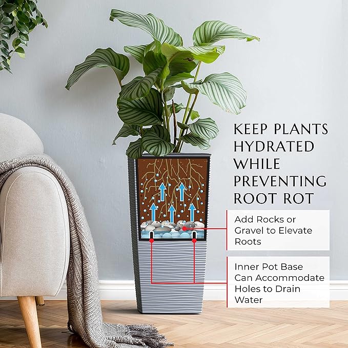 Mueller M-Resin Heavy Duty Tall Planter, Indoor/Outdoor Grande Plant, Tree, Flower Pot, 2-Piece Set, 27.5”, Modern Design, Built-in Drainage, Light Grey