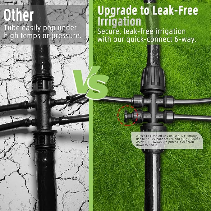 4 Pack 1/2'' to 1/4'' Drip Irrigation Fittings, Push-to-Fit 6 Way Drip Irrigation Part Barbed Tee Connectors, Anti-Leak Locked Splitter Fitting for 1/2" Irrigation Tubing (0.6''-0.67''OD)