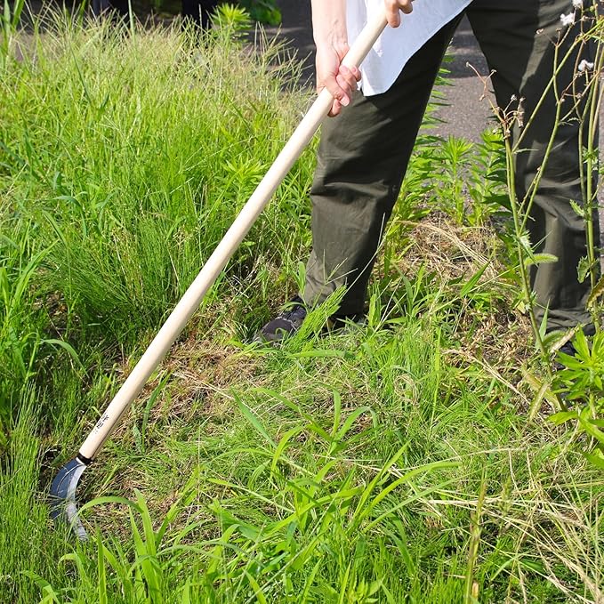 KAKURI Japanese Weeding Sickle Long Handle 45" [Thick Blade] Grass Sickle Stand Up Weeding Tool, Razor Sharp Japanese Carbon Steel Blade, Made in Japan