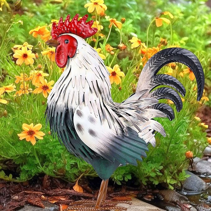 Rooster Garden Statue Sculpture Metal Chicken Yard Decor Outdoor Figurines Patio Backyard Decoration
