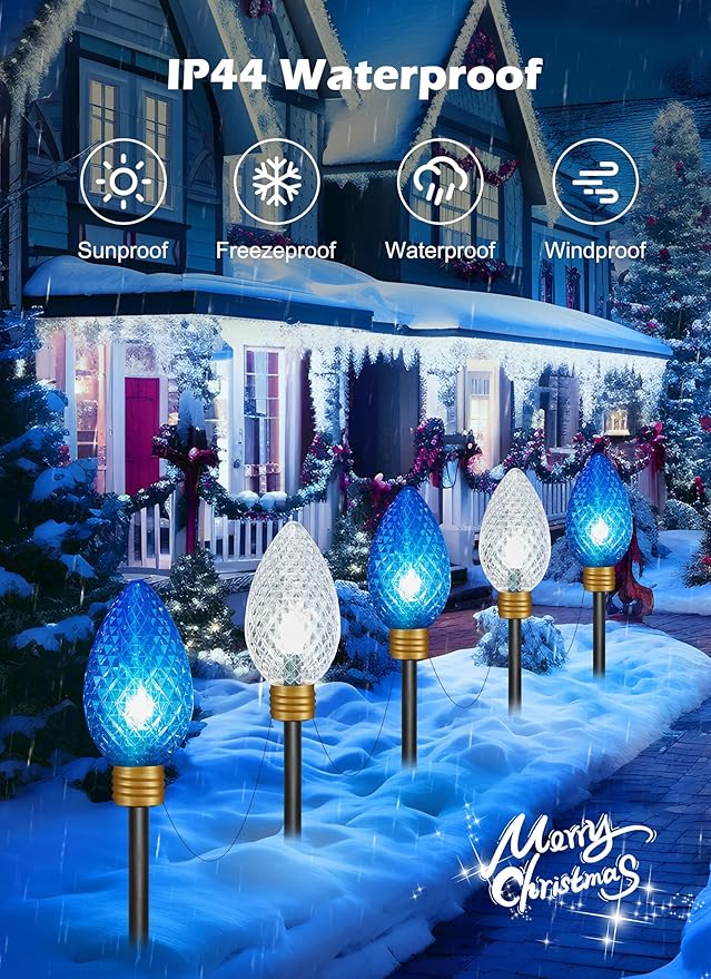 11Feet 5 LED Super Jumbo Christmas String Lights or Pathway Marker Lights, Outdoor Xmas Decorations- Jumbo C9 Hanging Lights Waterproof Lawn Dec for Holiday Home Tree Roof Yard Garden, Blue ＆ White
