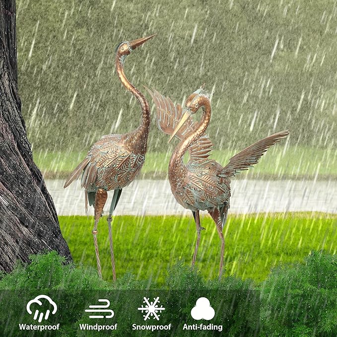 TERESA'S COLLECTIONS Yard Decorations Outdoor Garden Statues, Gold Metal Crane Yard Art, 25-26inch Lawn Ornaments for Backyard, Outside Porch, Patio, Wedding Decor,Set of 2,Spring Decor,Gifts for Mom