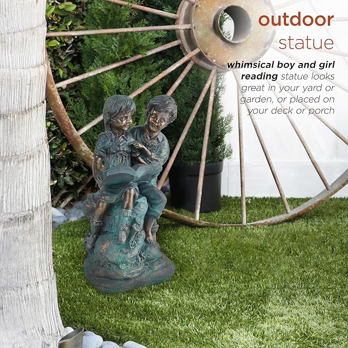 Alpine Corporation 15" Tall Indoor/Outdoor Girl and Boy Reading Together Statue Yard Art Decoration