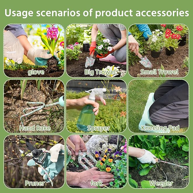 WNJ Gardening Tool Set, 10 PCS Heavy Duty Floral Pattern Garden Tools Set Kit, Complete Gardening Tool Bag Set, with Non-Slip Rubber Handle, Best Gardening Gifts for Women