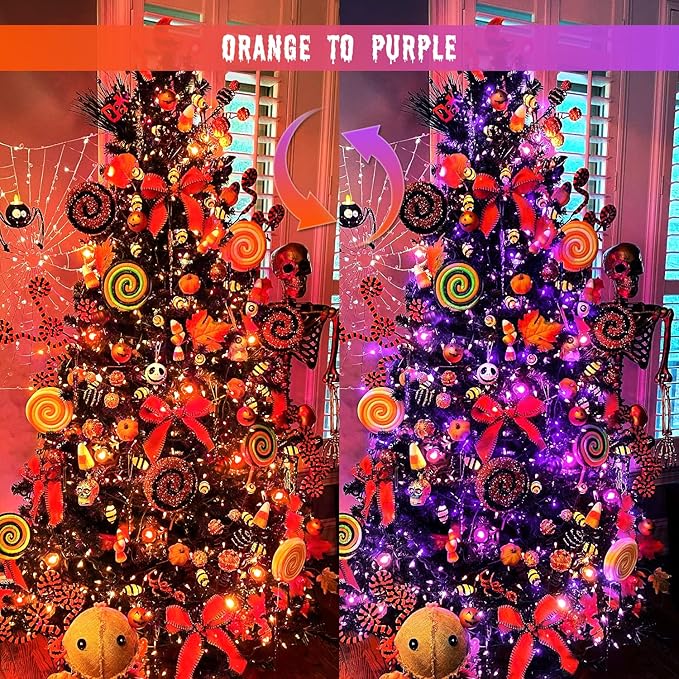 JMEXSUSS Orange and Purple Solar Halloween Lights, 2 Pack 100 Led Color Changing Christmas Lights Outdoor, 33ft 8 Modes Solar String Lights Waterproof for Halloween, Christmas, Tree Decor