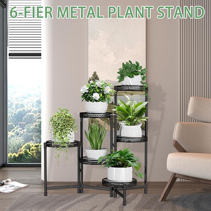 6 Tier Metal Plant Stand Indoor,31.5in Tall Corner Plant Stands Outdoor,Black Folding Tiered Flower Display Holder Rack Shelf Patio Garden Multiple Plants
