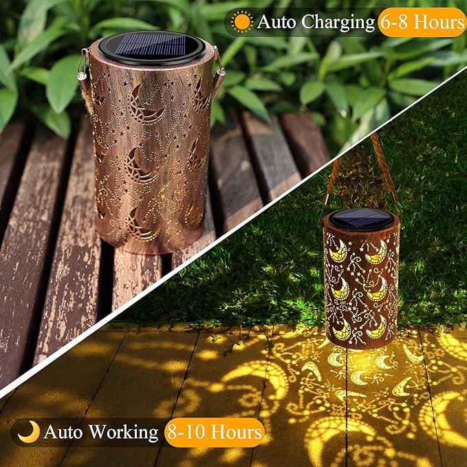 Toodour Solar Lantern Outdoor, Hanging Solar Outdoor Lights Garden Decor, Waterproof Hollow Out Retro Metal Moon Decorative Lights for Patio, Balcony, Yard, Walkway, Landscape, Outdoor Decorations