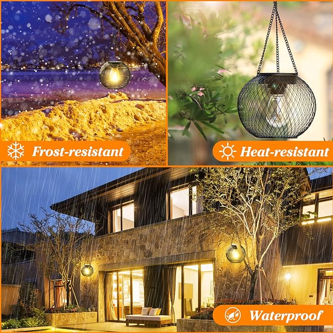 Solar Lantern Outdoor, Upgraded Hanging Lights Outdoor Garden Metal Lanterns Decorative Lighting Powered Waterproof Tree for Yard Patio Pathway, 2 Pack, Black
