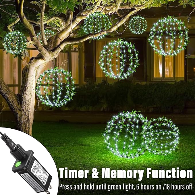Flacchi Hanging Iron Sphere Lights with Artificial Greenery – 12Inch 120 LED Waterproof Outdoor/Indoor Decor Ball Light with Timer & 8 Modes – 2 Pack for Garden, Christmas, Weddings (Cool White)