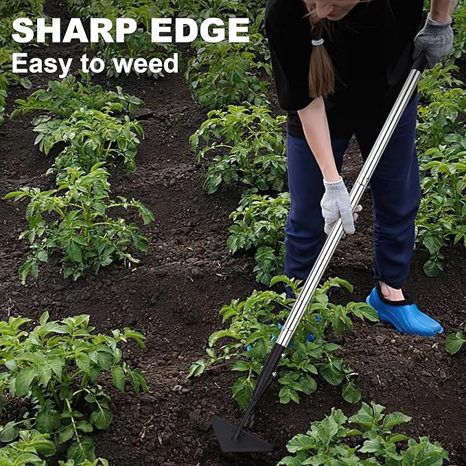 Triangle Garden Hoe, Carbon Steel Weed Remover Edger Lawn Tool with 57.5 Inches Stainless Steel Long Handle, Weed Puller Long Handle Hoe for Digging Weeding Hoeing Loosing Soil