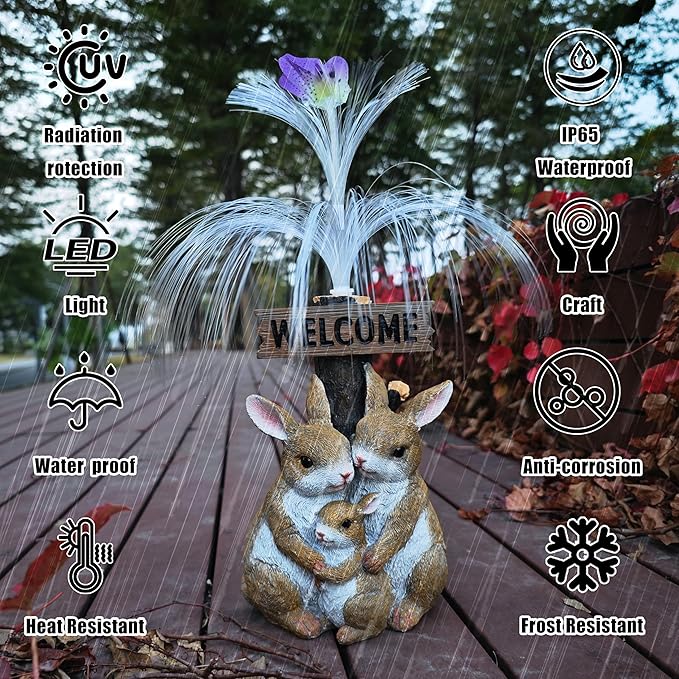 Solar Rabbit Garden Statues,Resin Rabbit Family Figurine with Welcome Card and 7-Color Changing Optical Fiber with Solar Lights, Lawn Decor Outdoor Statue for Patio,Balcony,Yard,Lawn