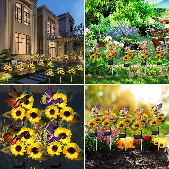 Solar Sunflower Lights Outdoor Garden Lights, 2 Pack Solar Flower Lights with Butterfly Waterproof Garden Decor, Gifts for Mom Grandma, Sunflower Stake Led Lights for Yard Patio Lawn Pathway Outside