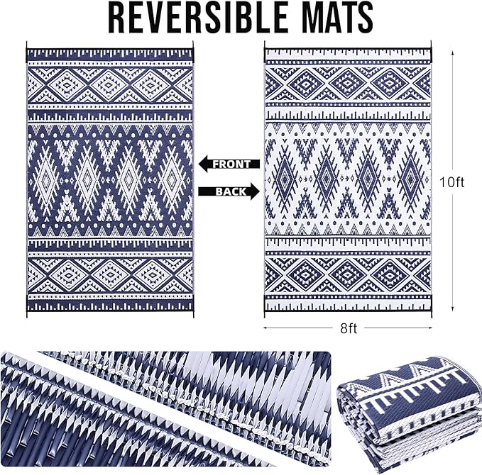 OLANLY Outdoor Rug Waterproof 8x10 ft, Reversible Outdoor Plastic Straw Rug, Boho Patio Rug, Indoor Outdoor Carpet, RV Mat Outside for Patio, Camp, Picnic, Balcony, Deck, Backyard, Navy & White