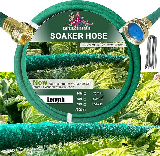 Soaker Hose 1/2inchx 50ft With Brass End,Green Rubber Hose Water Saving up to 70%,Durable Flexible Soaker Hose that irrigation for Patio Lawn,Trees,Vegetables and Flowers.