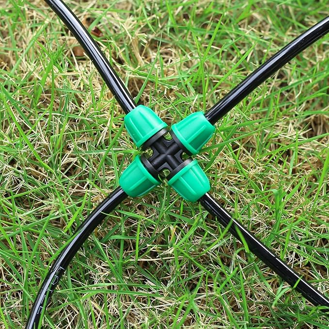 1/4 inch Drip Irrigation Fittings, Lock Barbed 4 Way Couplings for ¼ in. tubing; Tubing Outside Diameter (OD) is 0.250 in., Internal Diameter (ID) is 0.170. in.(20Pcs/Pack)(Green-4-Way)