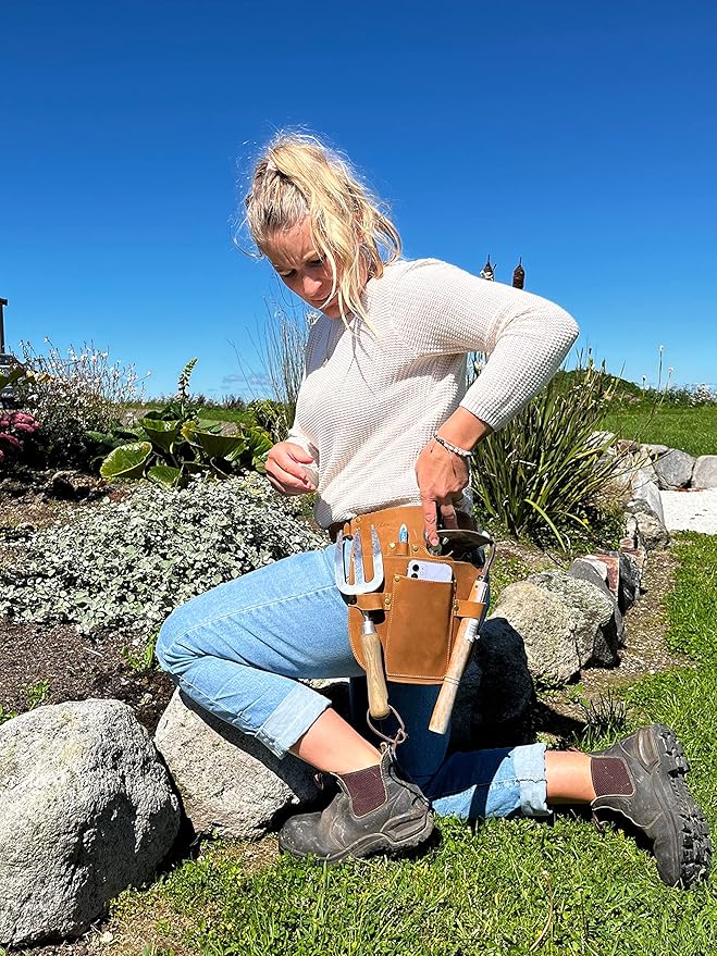 Rubys Collection™ Leather Garden Tool Belt- Gardening holster with pockets & Adjustable Waist Strap. Florist tool belt, Leather Utility Belt & Women’s Garden Tool Pouch