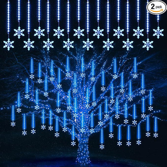Enhon 2 Pack Meteor Shower Snowflake Lights Outdoor with Timer, Total 480 LED 12in 16 Tube Connectable Waterproof Meteor Rain Drop Christmas Light with Snowflake for Xmas Tree Roof Garden(Blue)